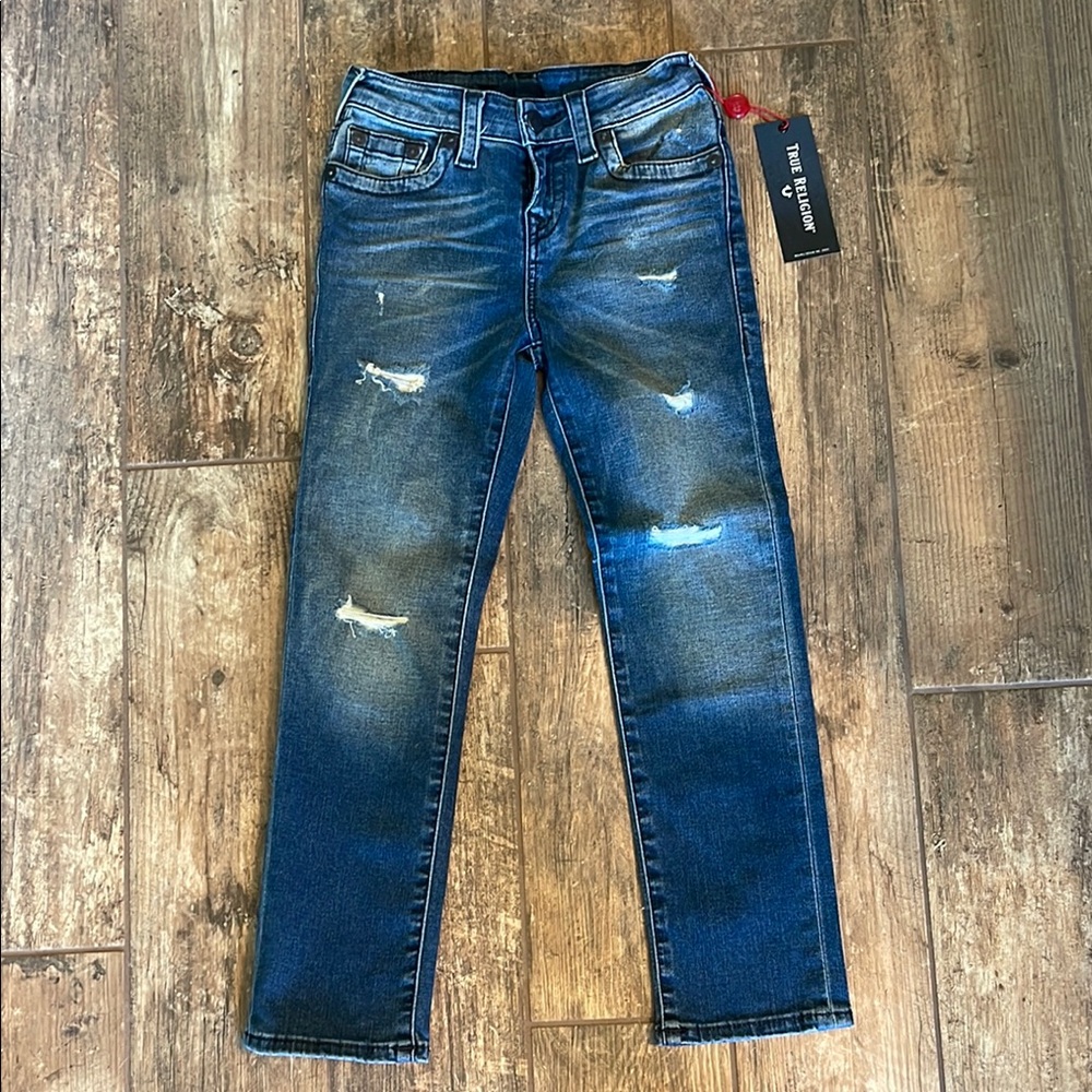 True Religion Blue Distressed Straight Leg Jeans